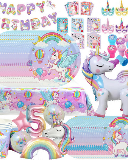 Pastel unicorn paper cups and napkins for a birthday table