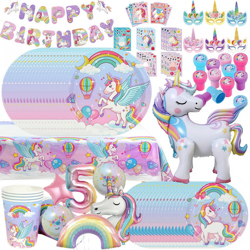 Pastel unicorn paper cups and napkins for a birthday table