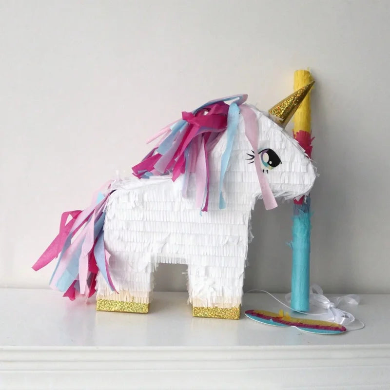 Side angle of the unicorn pinata showing its full shape