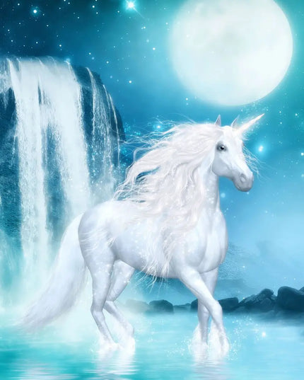 Blue Unicorn Wall Art by a Waterfall