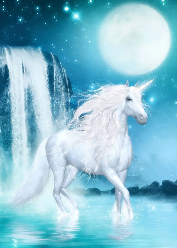 Blue Unicorn Wall Art by a Waterfall