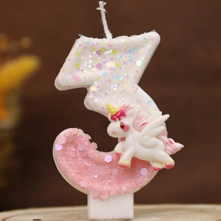 Pink Glitter Unicorn Three Candle