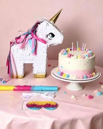 Unicorn pinata with colorful blindfold and bat laid out for a birthday party