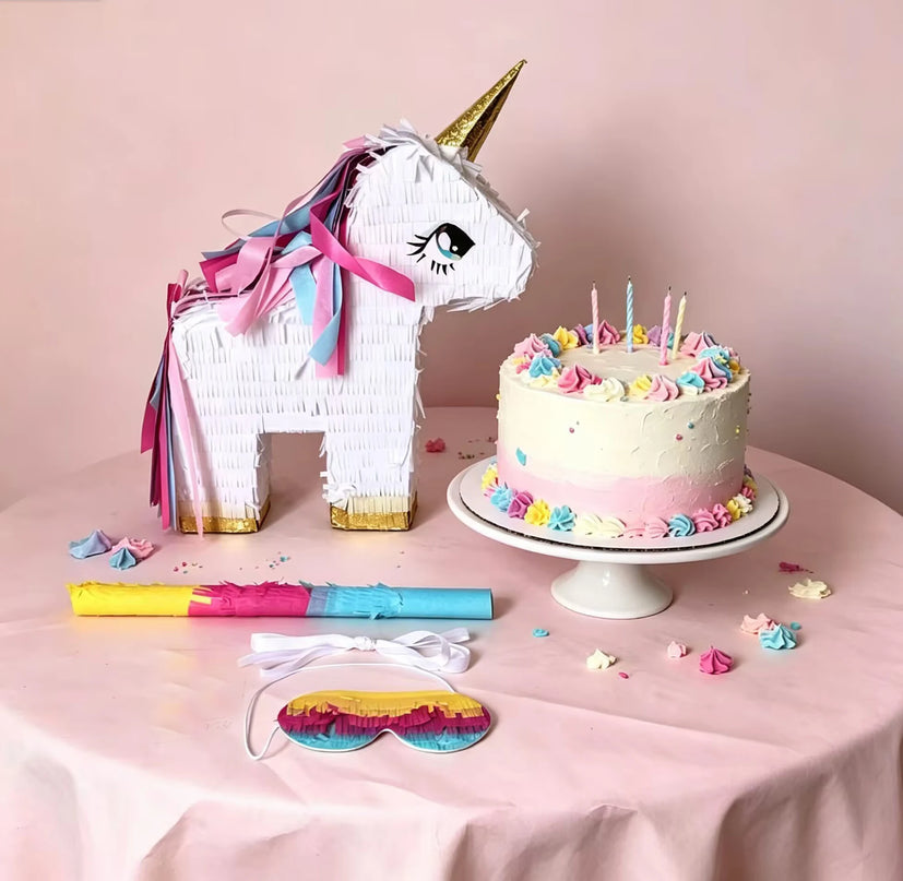Unicorn pinata with colorful blindfold and bat laid out for a birthday party