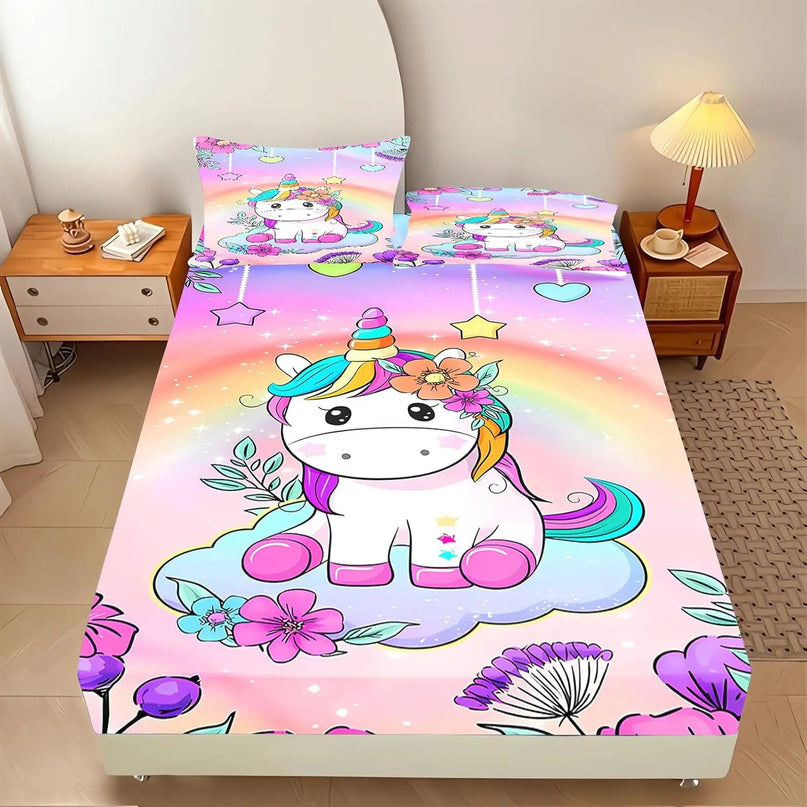 Kawaii Floral Unicorn Bed Sheet Set