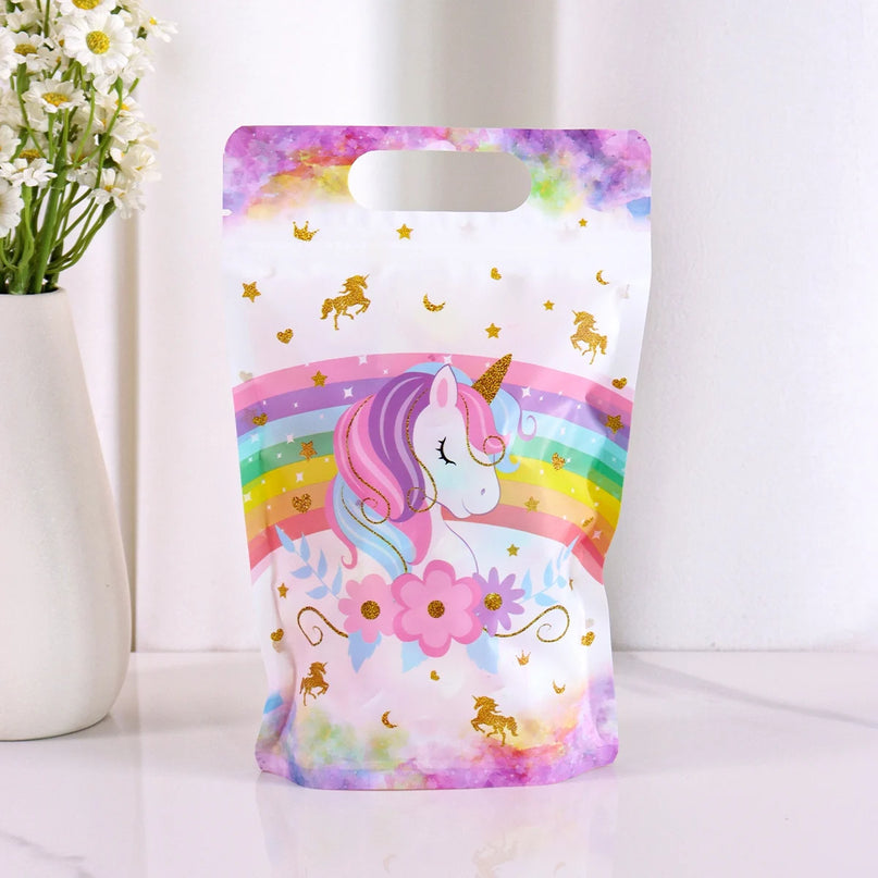 Close-up of the pastel rainbow and flower details on the treat bag