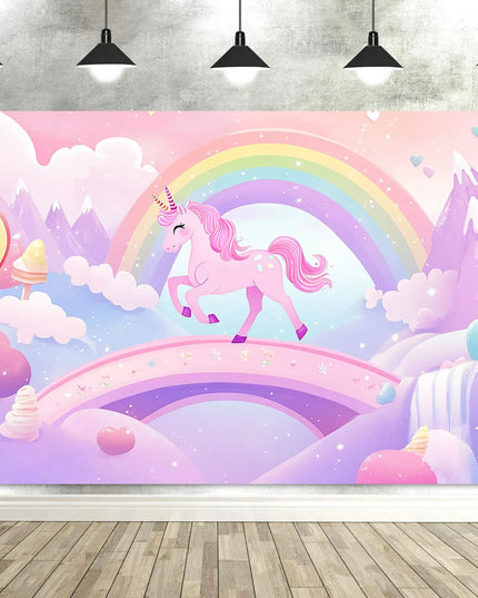 Pink rainbow unicorn backdrop with lollipops, clouds and lavender mountains