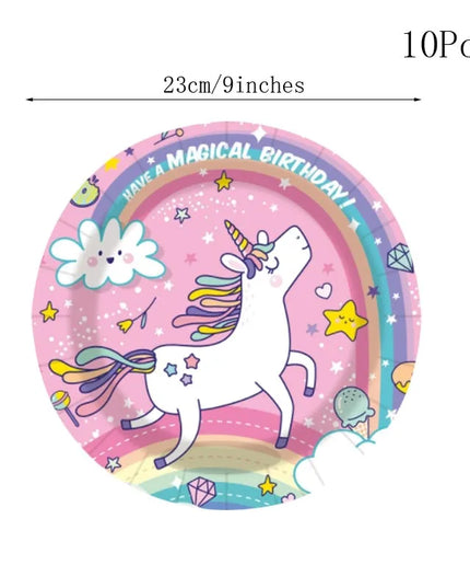 Magical unicorn plates in pink with a white unicorn under a rainbow and stars