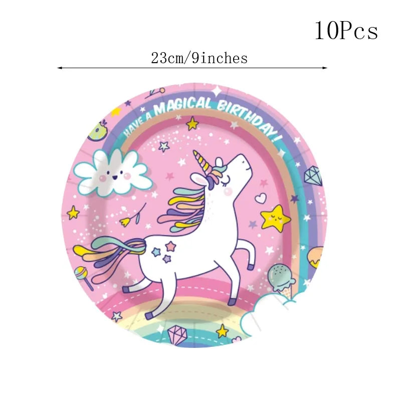 Magical unicorn plates in pink with a white unicorn under a rainbow and stars