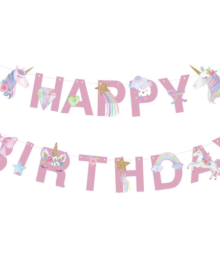 Pink unicorn banner with HAPPY BIRTHDAY letters, gold glitter stars and unicorn heads