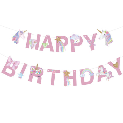 Pink unicorn banner with HAPPY BIRTHDAY letters, gold glitter stars and unicorn heads