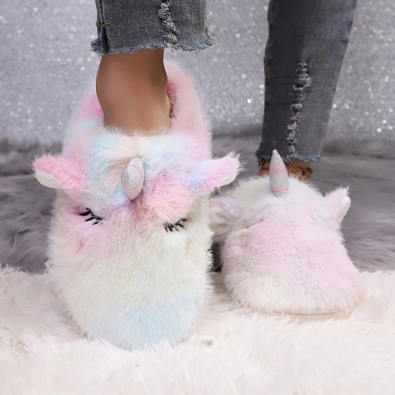 Shaggy Rainbow Unicorn Slippers
