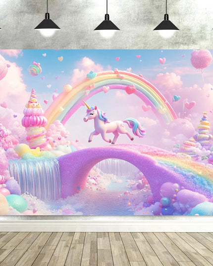 Pink Unicorn backdrop with a purple bridge, light blue waterfall and rainbow