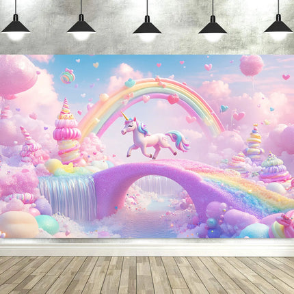 Pink Unicorn backdrop with a purple bridge, light blue waterfall and rainbow