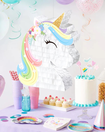 Unicorn pinata hanging ready for a birthday party