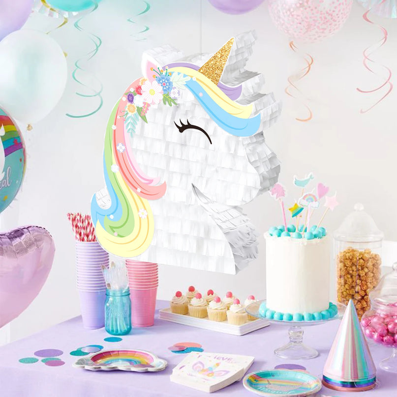 Unicorn pinata hanging ready for a birthday party