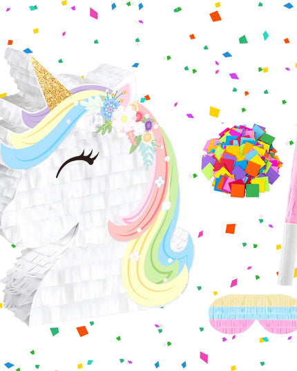 Side view showing the paper fringe layers of the unicorn pinata