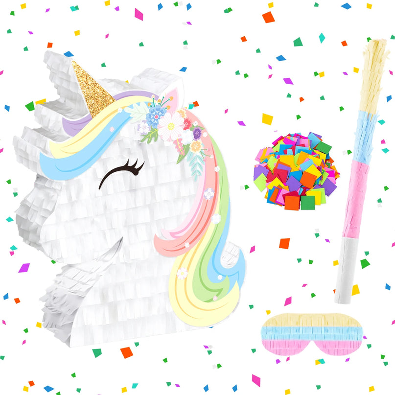 Side view showing the paper fringe layers of the unicorn pinata