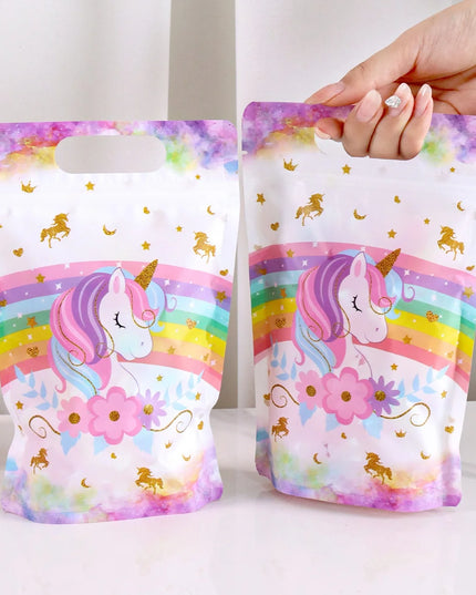 Stand-up party favor bag with cut-out handle and pink unicorn head
