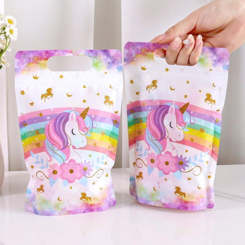 Stand-up party favor bag with cut-out handle and pink unicorn head
