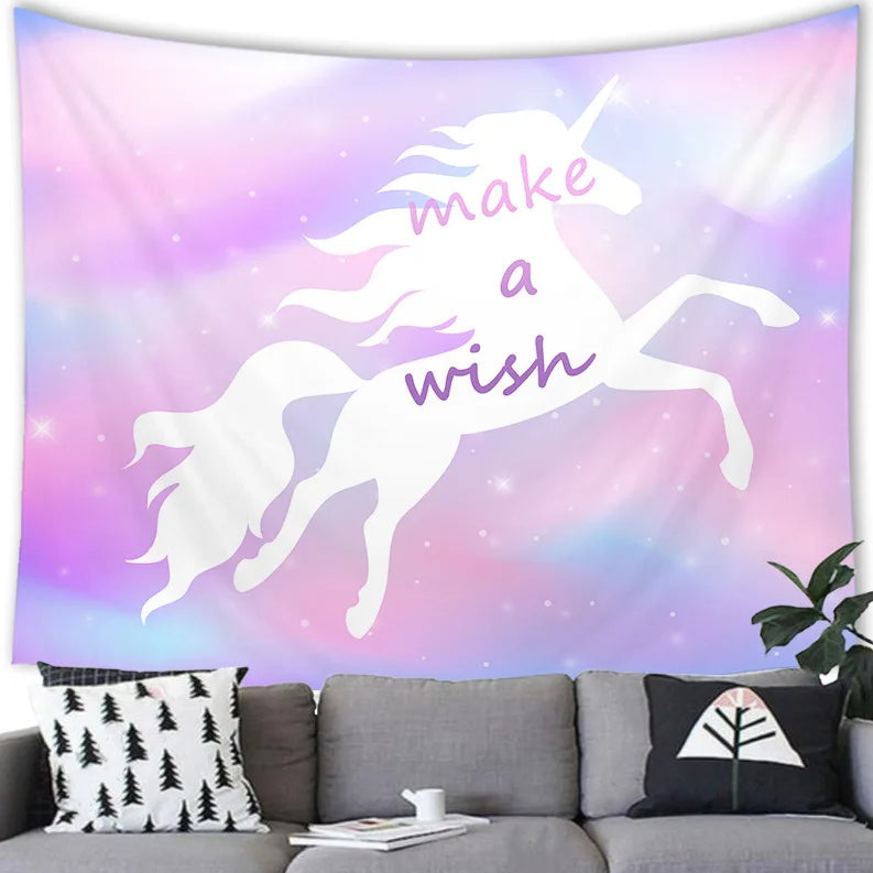 Teal Cartoon Unicorn Tapestry
