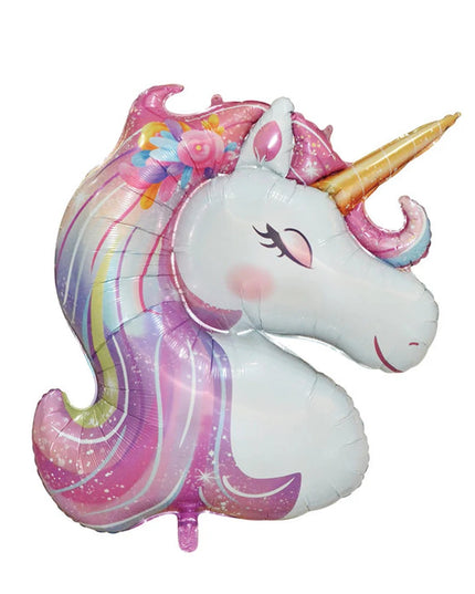 White unicorn head helium balloon with gold horn and pastel rainbow mane