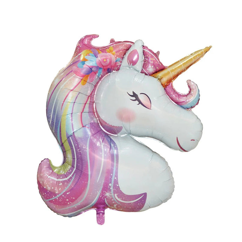 White unicorn head helium balloon with gold horn and pastel rainbow mane