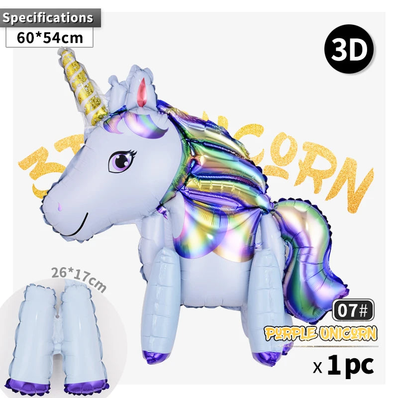 Foil unicorn balloon standing on its own on a shelf