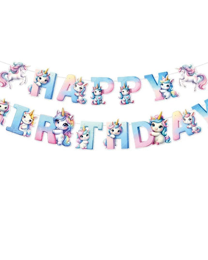 Unicorn banner with HAPPY BIRTHDAY letters in pink and light blue