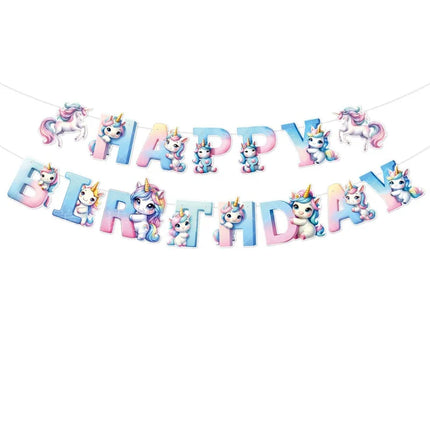 Unicorn banner with HAPPY BIRTHDAY letters in pink and light blue