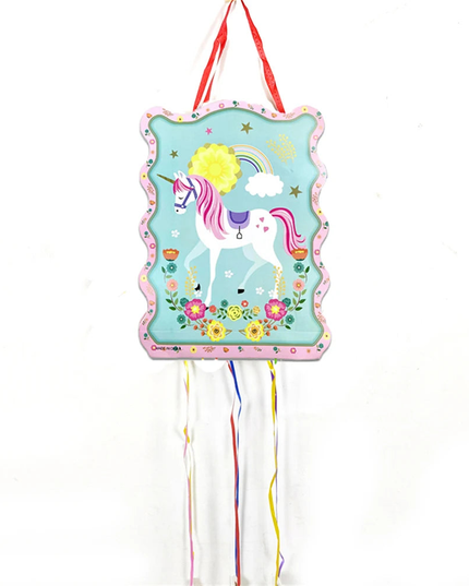 Birthday unicorn pinata in turquoise with white unicorn, rainbow and pink border