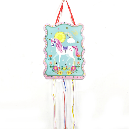 Birthday unicorn pinata in turquoise with white unicorn, rainbow and pink border