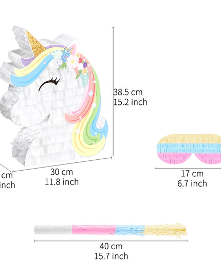 Rainbow unicorn pinata with pastel mane and gold glitter horn