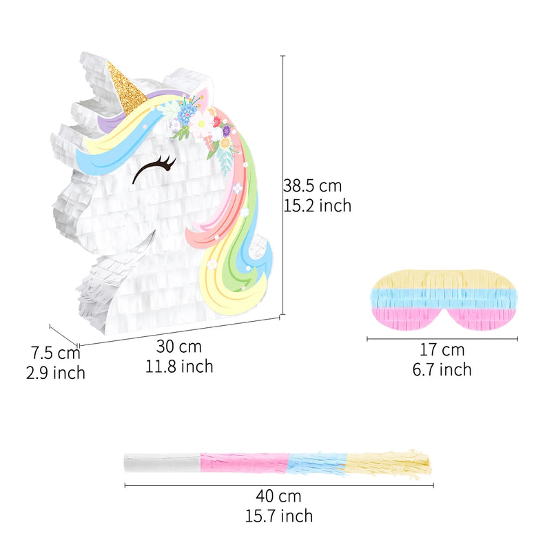 Rainbow unicorn pinata with pastel mane and gold glitter horn