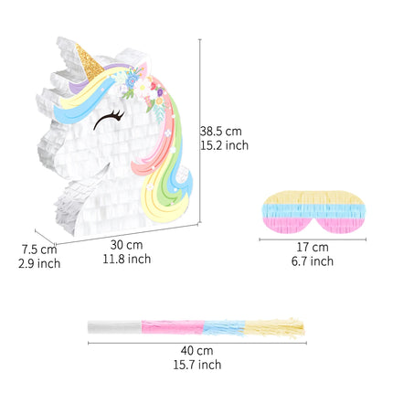 Rainbow unicorn pinata with pastel mane and gold glitter horn