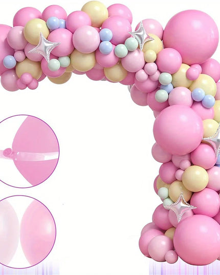 132 piece balloon arch kit laid out with latex and foil balloons