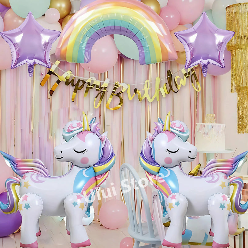 Unicorn and rainbow paper plates stacked for a party