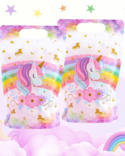 Unicorn goodie bag held by its handle, showing the 14 x 22 cm size