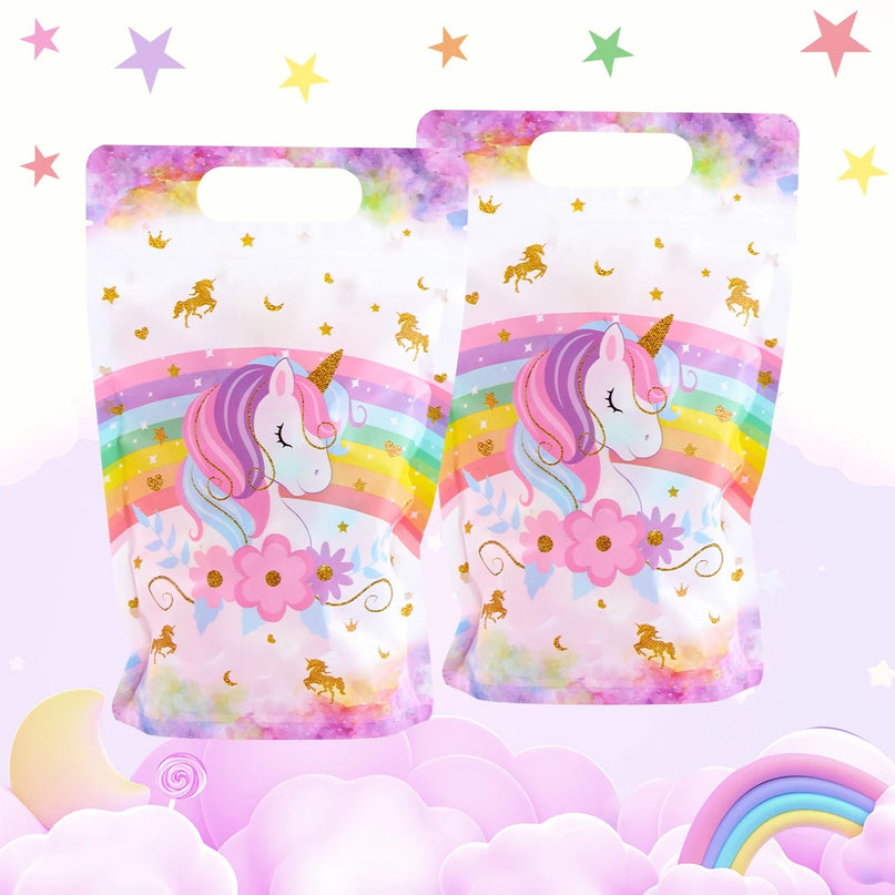 Unicorn goodie bag held by its handle, showing the 14 x 22 cm size