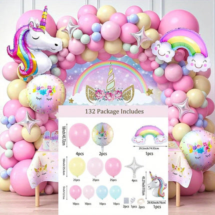 Pink rainbow unicorn balloon arch with unicorn and star foil balloons over a party backdrop