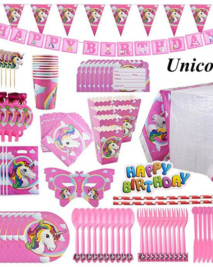 Pink unicorn plates arranged on a party table