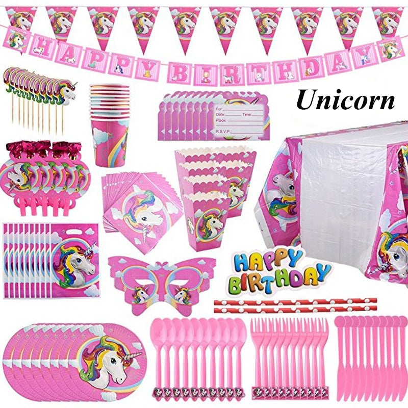 Pink unicorn plates arranged on a party table