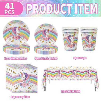 Unicorn plates set with cups, napkins and tablecloth in pastel rainbow print