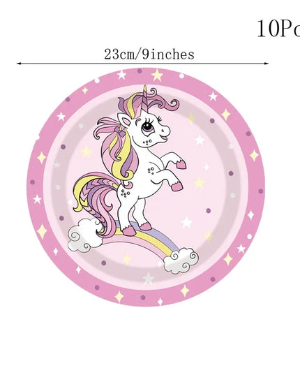 Unicorn party tableware plate in pink with a white unicorn on a pastel rainbow