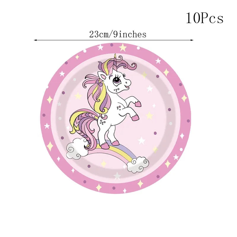 Unicorn party tableware plate in pink with a white unicorn on a pastel rainbow