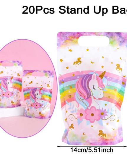 White unicorn birthday goodie bags with pastel rainbow and gold stars, 20 pieces