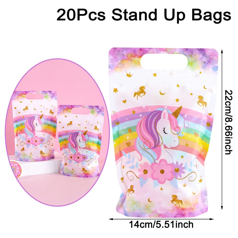 White unicorn birthday goodie bags with pastel rainbow and gold stars, 20 pieces
