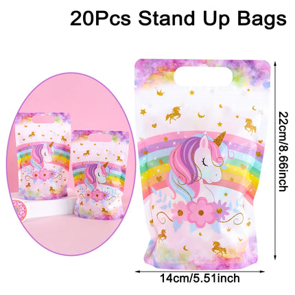 White unicorn birthday goodie bags with pastel rainbow and gold stars, 20 pieces
