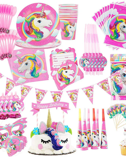 Stack of pink paper party plates with a unicorn design