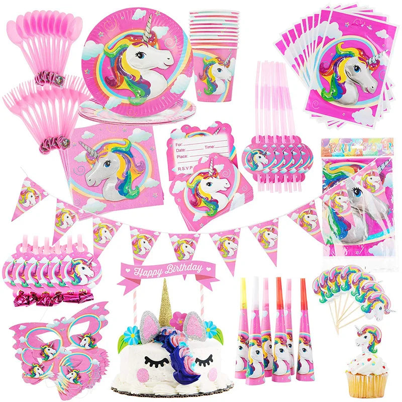 Stack of pink paper party plates with a unicorn design